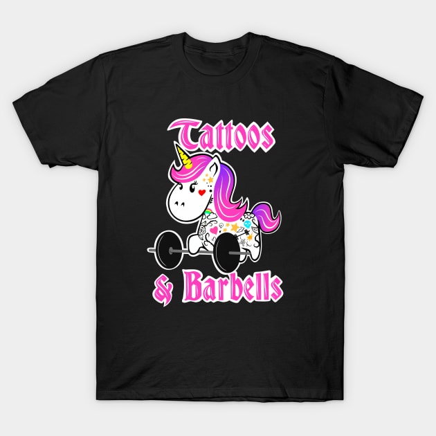 barbell unicorn, tattooed and strong, girls who lift, gym girl T-Shirt by TimAddisonArt